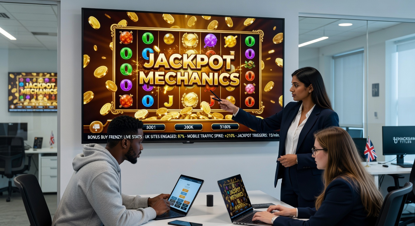 Close-up of Hacksaw slot jackpot meters exploding with wins on a tablet device, surrounded by bonus buy interfaces and cascading reels in action