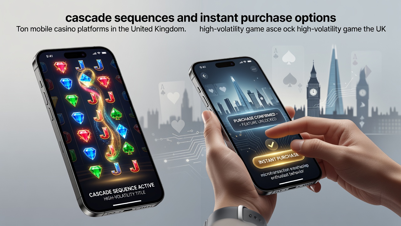 Mobile casino screen displaying cascade sequences in a high-volatility slot game with instant purchase options highlighted