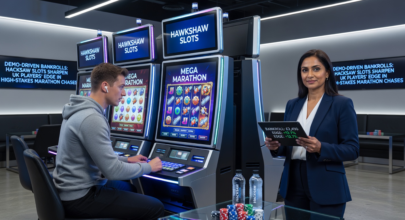 UK slot player analyzing demo session data on mobile screen amid high-volatility Hacksaw slot reels