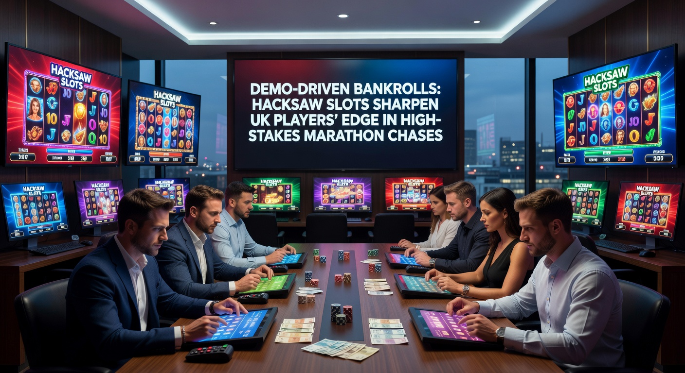 Close-up of Hacksaw slot demo interface displaying bankroll tracker and extended session stats on a UK player's tablet