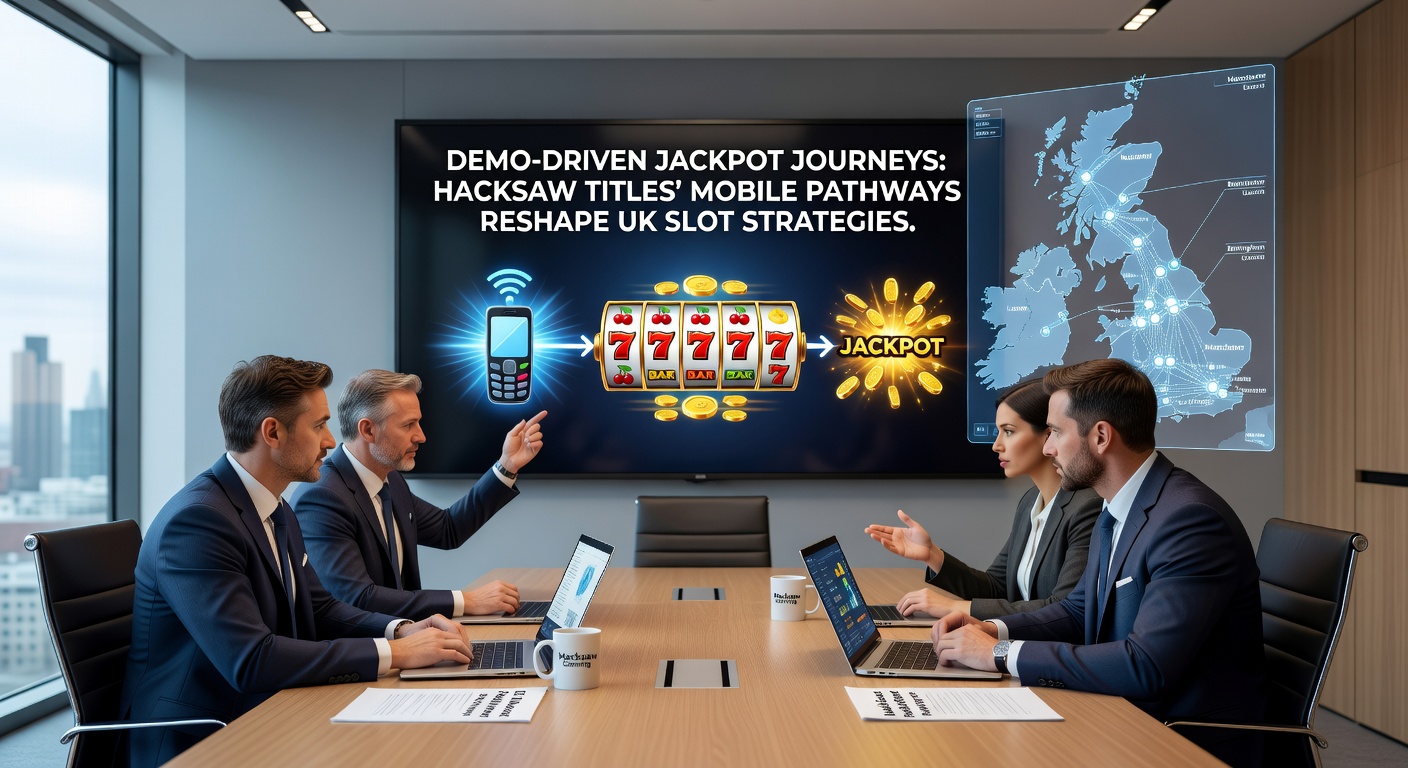 Close-up of a player's hand on a smartphone screen navigating a Hacksaw slot demo, with jackpot symbols aligning and mobile stats overlay showing session progression