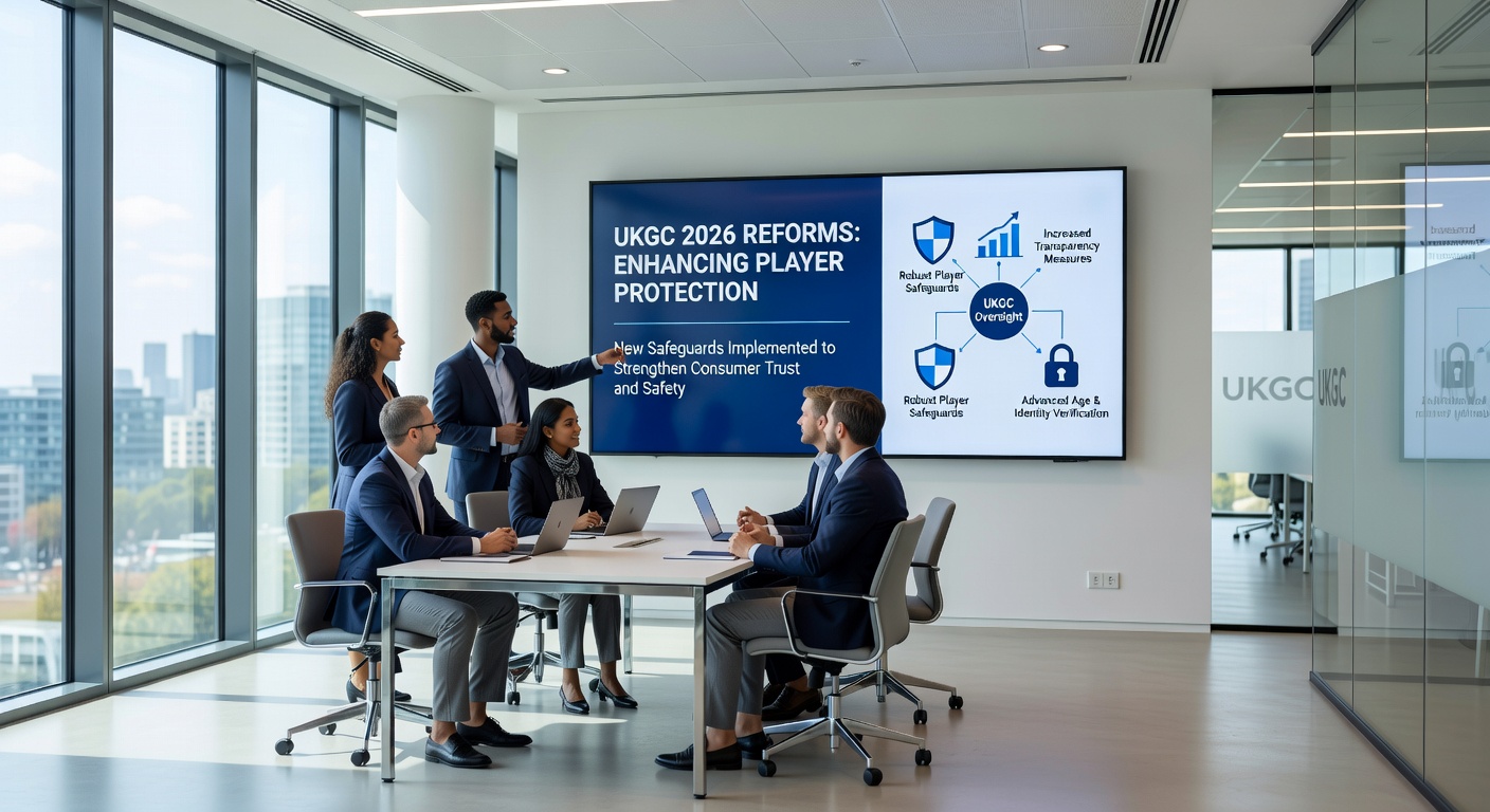 Close-up graphic of slot reels with stake limit overlays, financial check symbols, and tax percentage icons against a backdrop of UK regulatory documents and casino chips