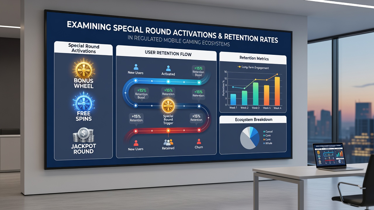 Analytics dashboard displaying retention metrics linked to bonus round frequency in mobile gaming