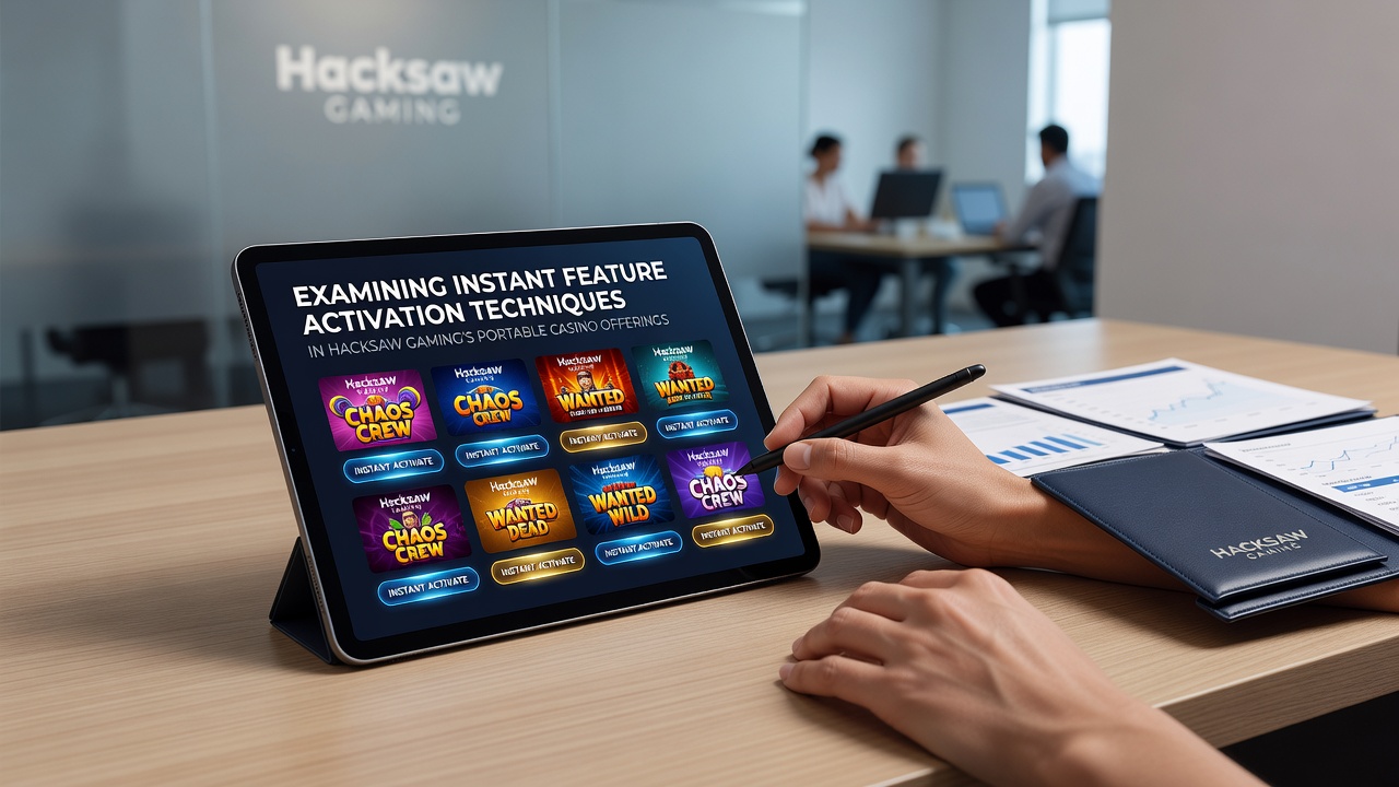 Close-up of a tablet displaying Hacksaw Gaming slot with active feature purchase panel and payout indicators