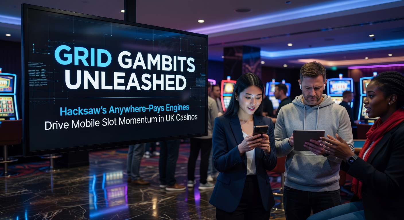 Vibrant grid slot interface from Hacksaw Gaming showing anywhere-pays clusters lighting up on a mobile screen, with cascading symbols and multipliers building excitement in a UK casino app
