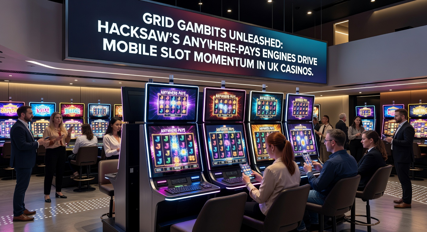 Mobile phone displaying a Hacksaw Gaming grid slot in action, with anywhere-pays wins highlighted amid UK casino branding and live session stats