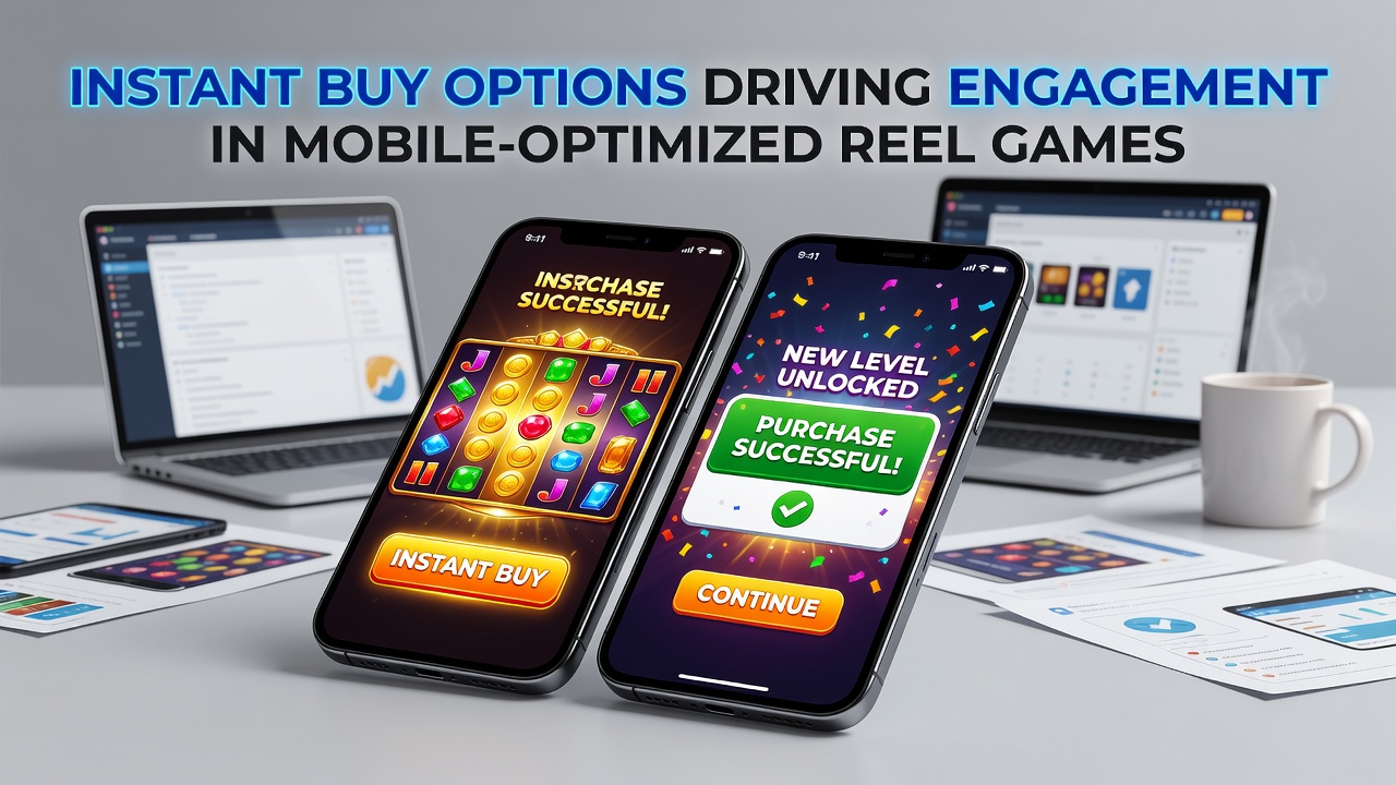 Mobile device displaying a reel game interface with instant buy option highlighted during gameplay session