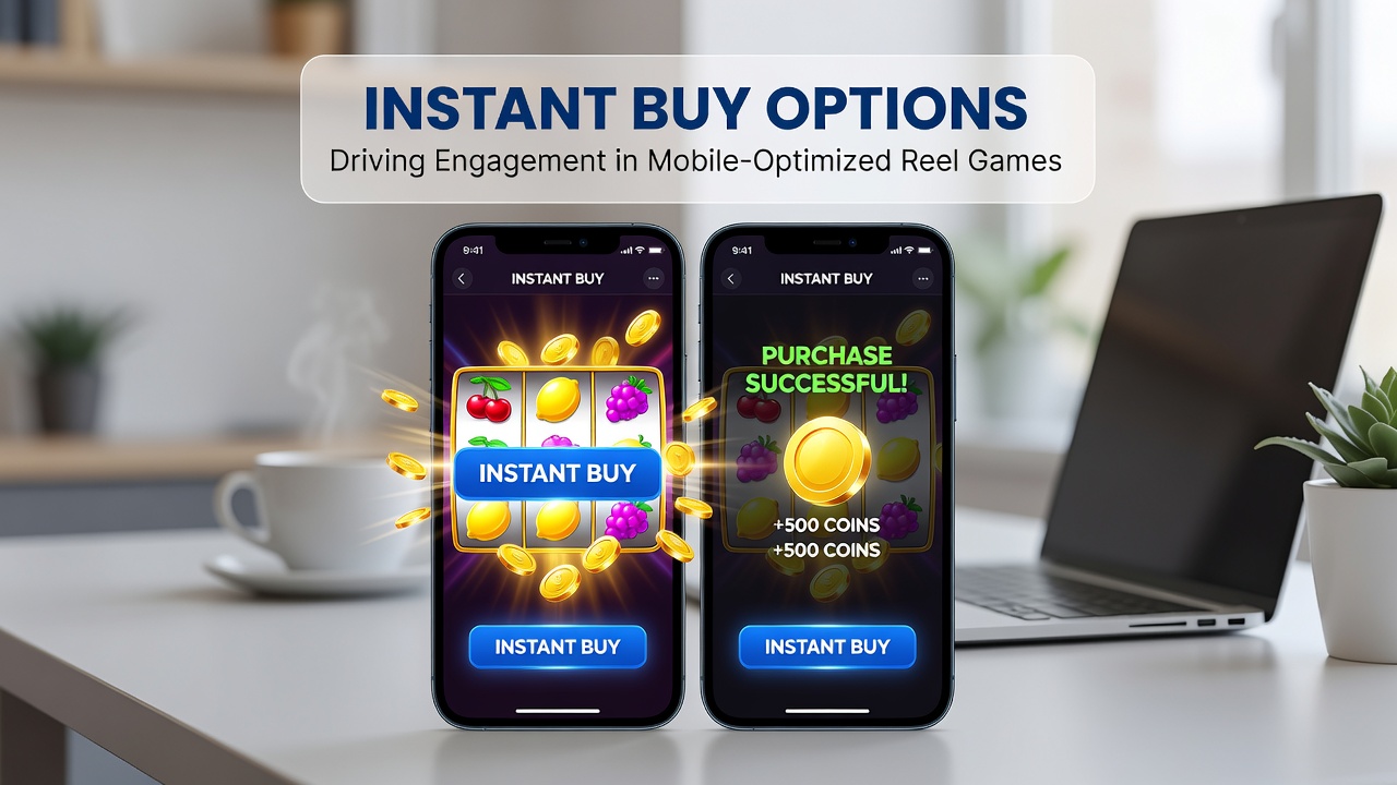 Close-up view of mobile reel game screen showing bonus round activation via instant buy feature with payout indicators