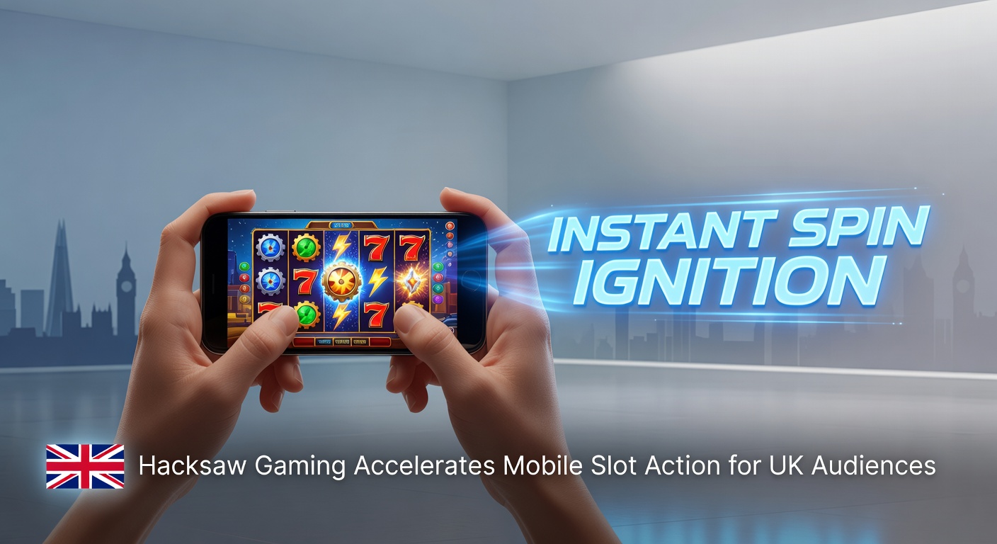 Close-up of a UK player's mobile device running Hacksaw's Instant Spin slot, with blurred background evoking fast-paced urban play