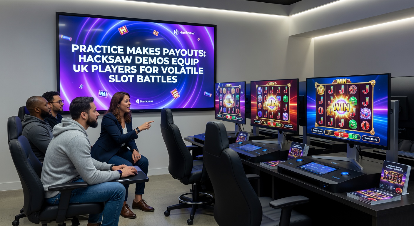 UK mobile casino app showcasing Hacksaw Gaming demo slots with volatility meters and practice session stats overlaid