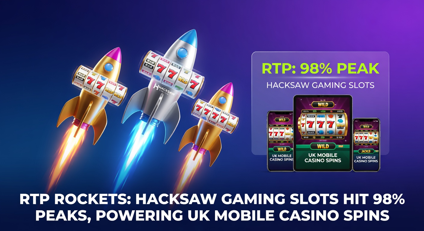 Vibrant Hacksaw Gaming slot reels spinning on a mobile screen, highlighting high RTP percentages glowing in neon