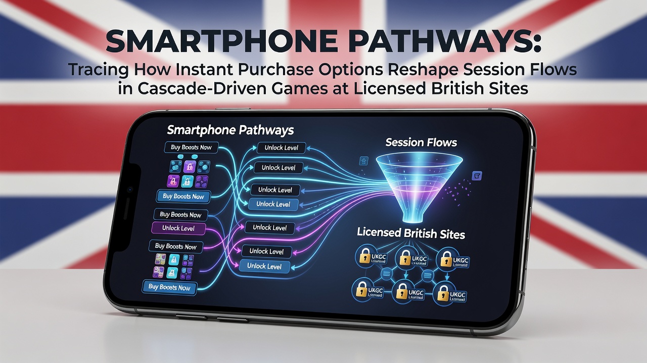 Smartphone screen displaying cascade slot gameplay with instant purchase menu overlay in a licensed UK casino app