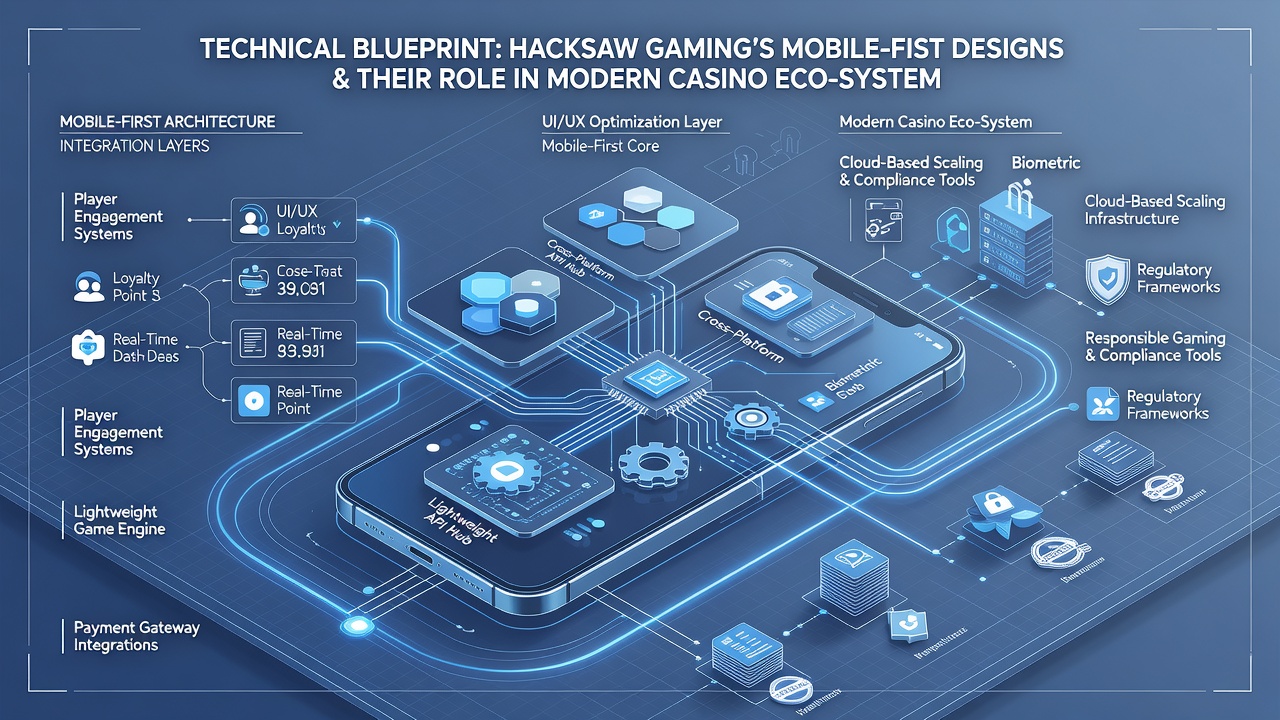 Illustration of casino ecosystem integration showing API flows between mobile clients and central servers