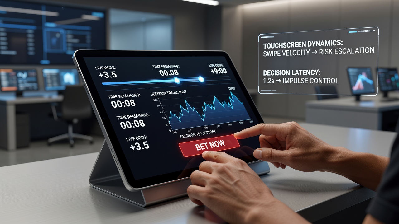 Player using a tablet for real-time betting with multiple interface elements visible on the touchscreen
