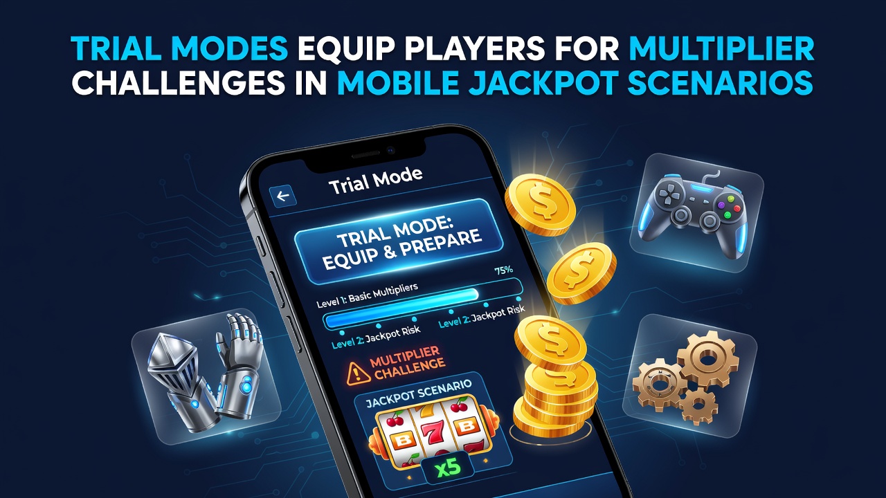 Mobile device showing slot game interface with multiplier indicators during trial mode session