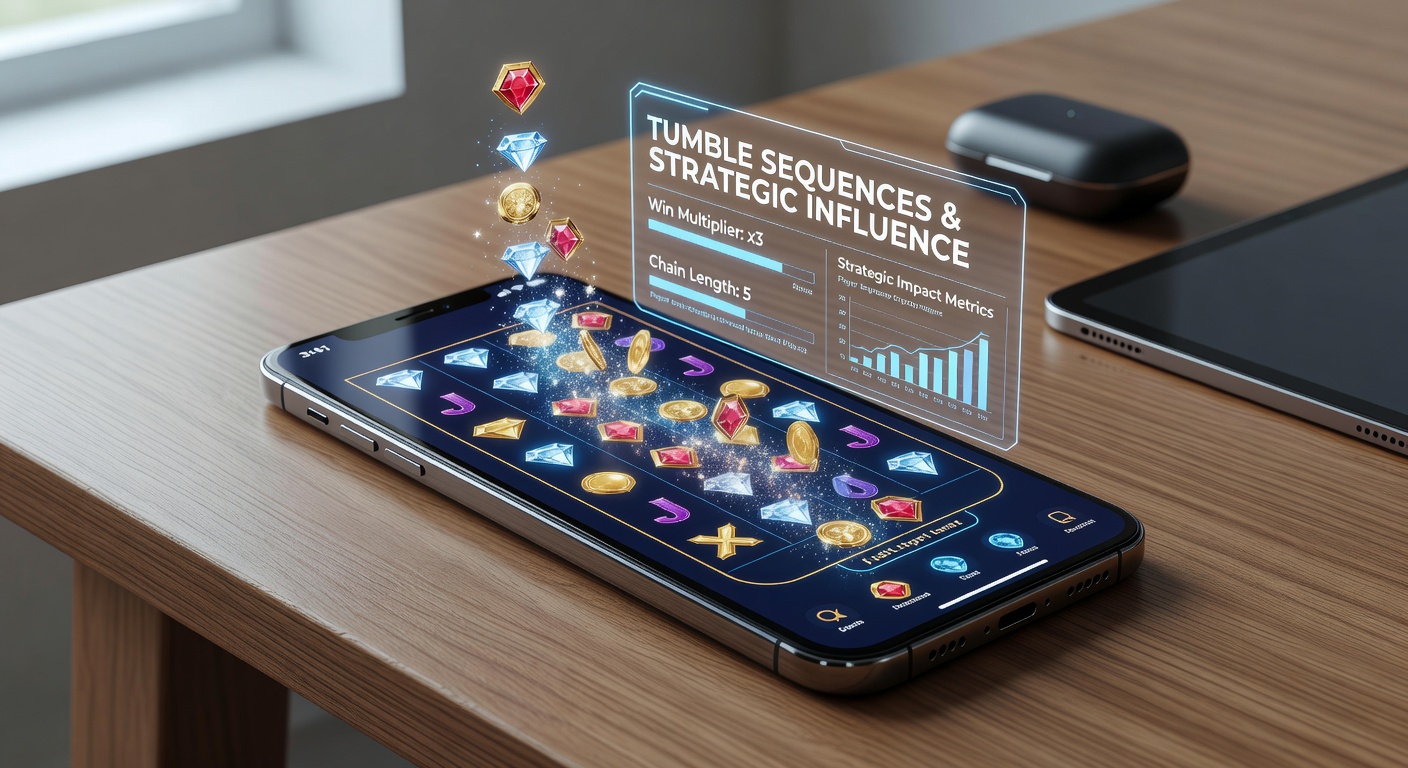 Mobile device displaying a tumble sequence in progress with highlighted winning combinations and accumulating multipliers