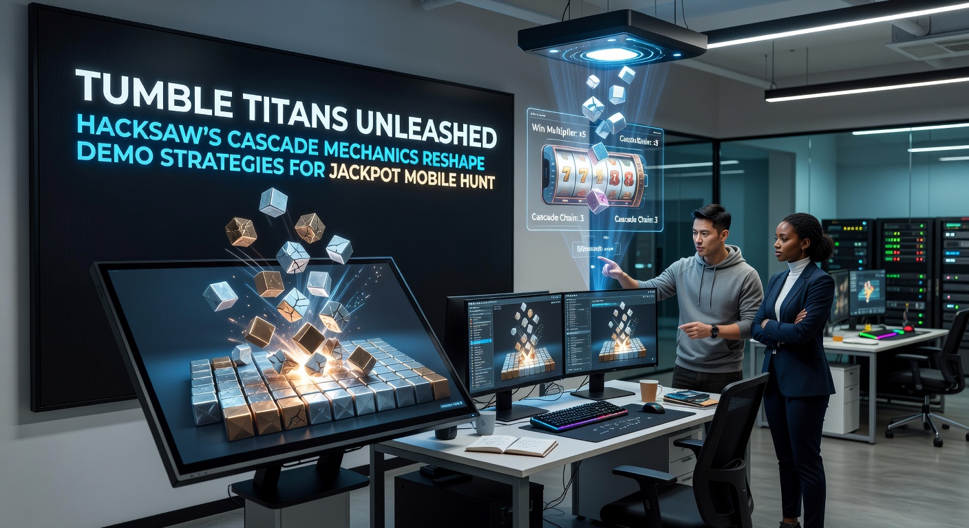 Close-up of Tumble Titans Unleashed mobile demo interface displaying a massive cascade chain with jackpot meters filling and titan symbols exploding