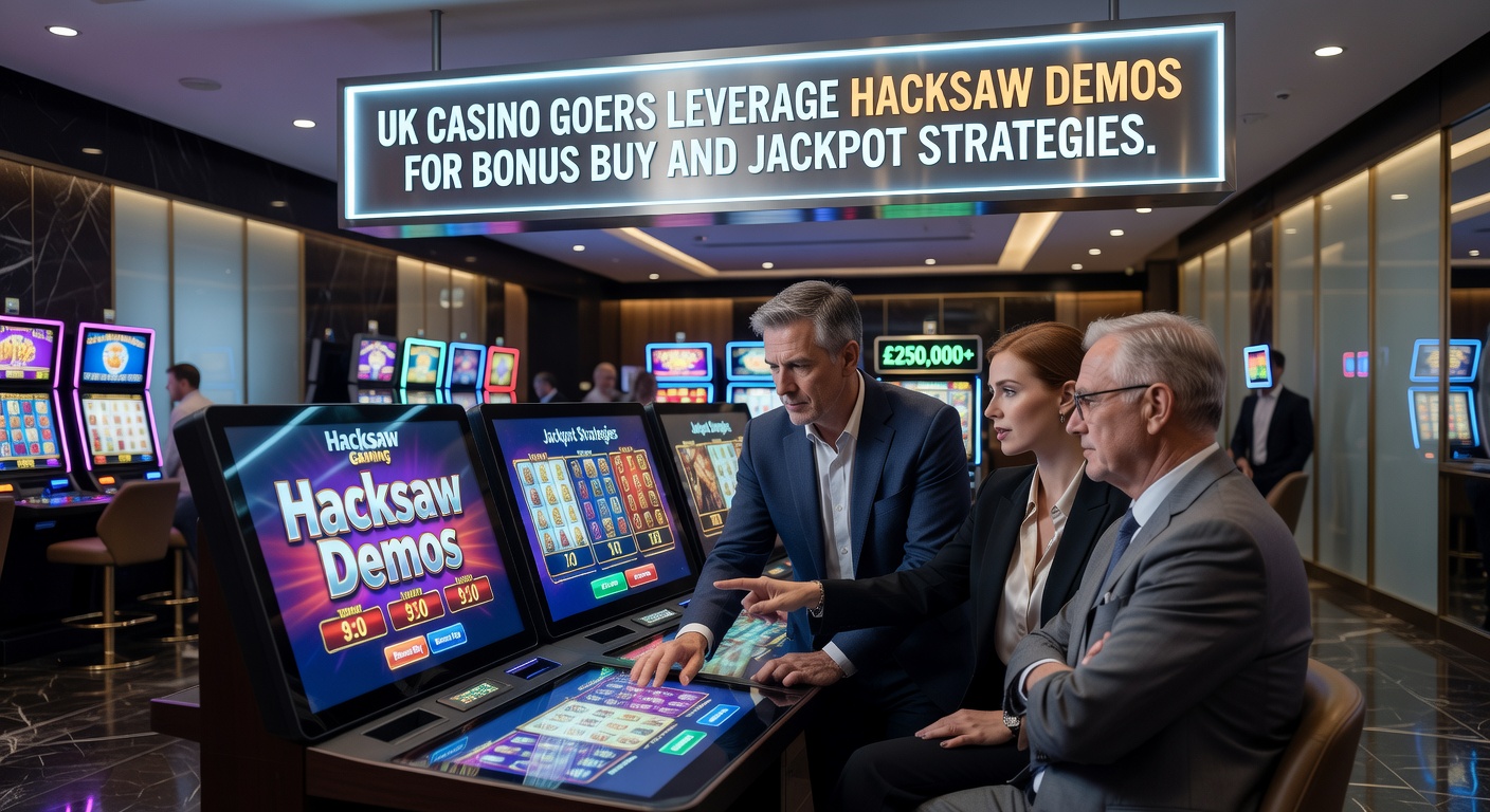 UK casino player on mobile device testing Hacksaw Gaming demo slot interface showing bonus buy options and jackpot meters